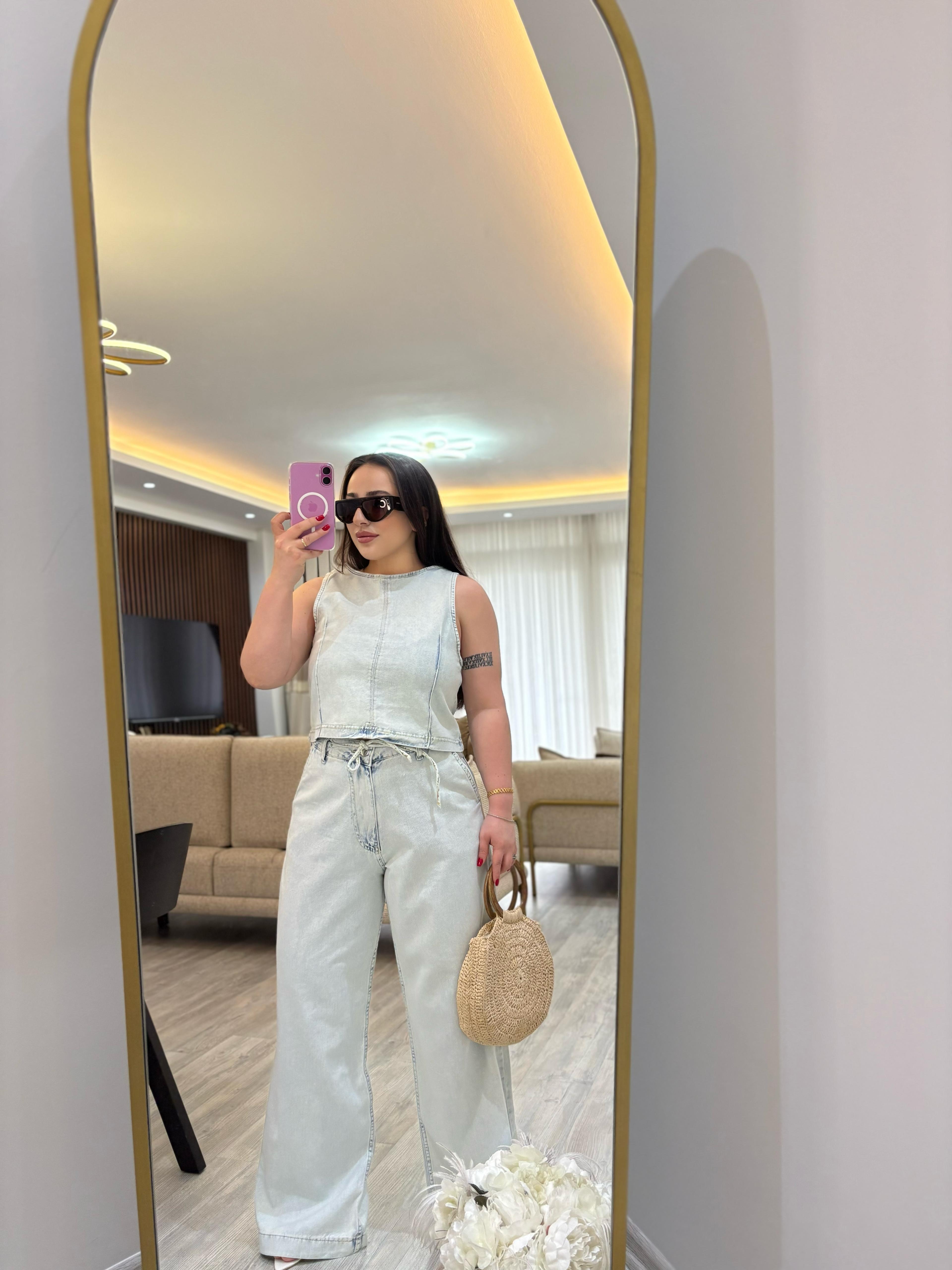 Denim Crop Yelek + Wide Leg Jean Takım