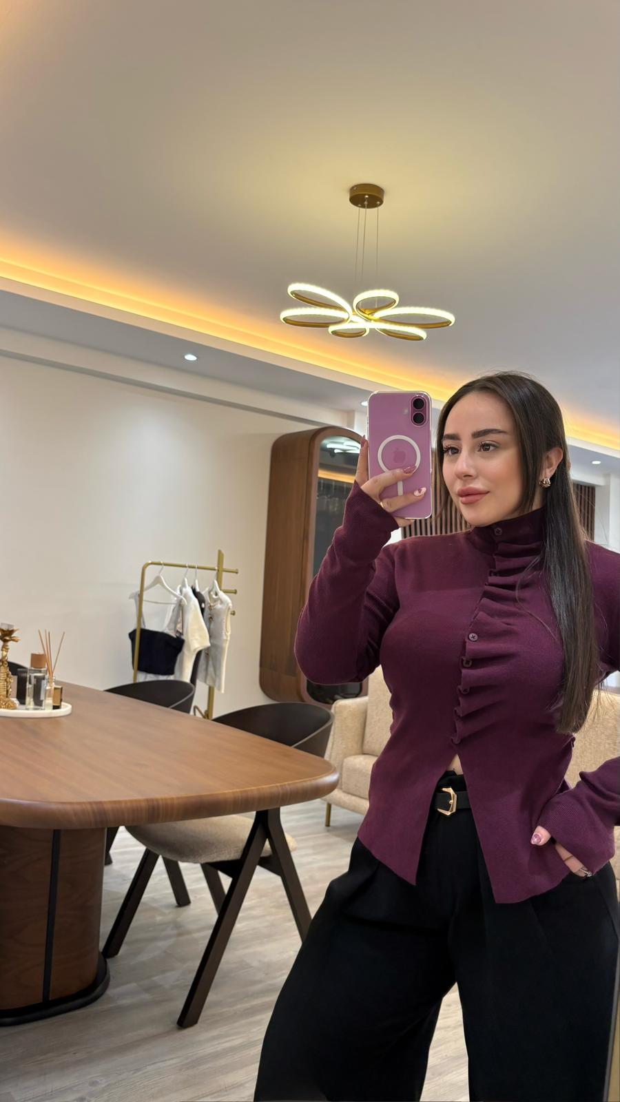 Fırfırlı Dik Yaka Düğmeli Triko Bluz