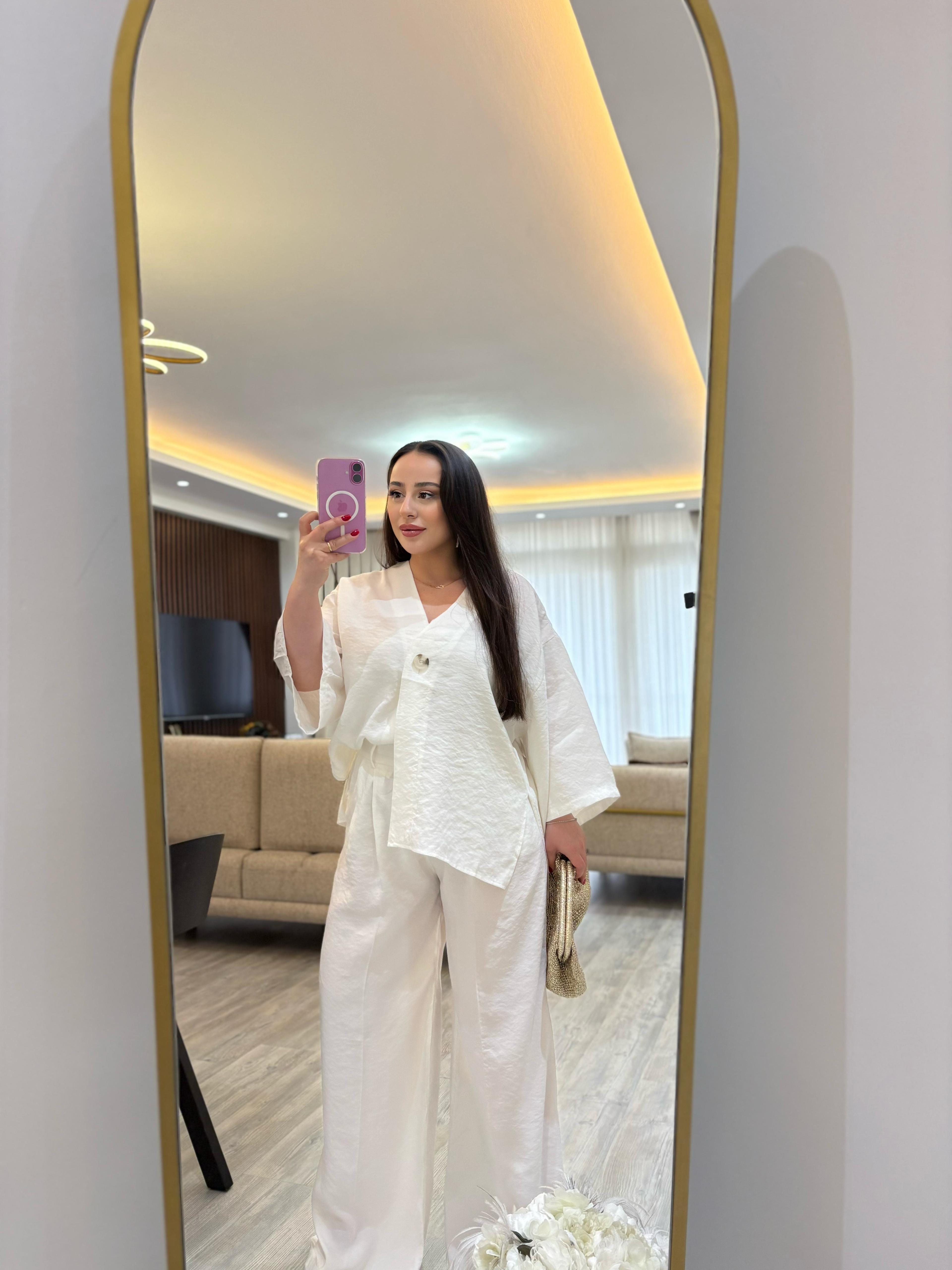 Keten Asimetrik Kruvaze Bluz + Wide Leg Pantolon Takım