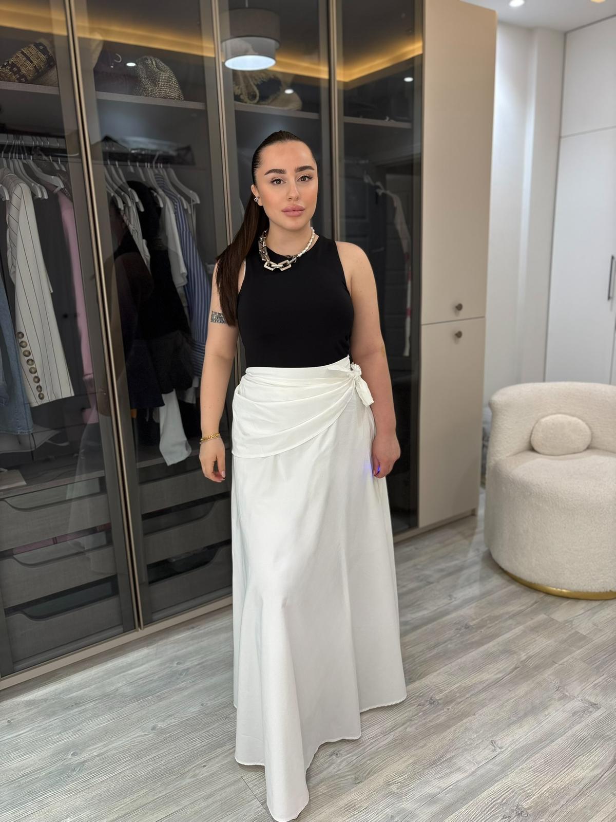 Kuşaklı Beyaz Etek