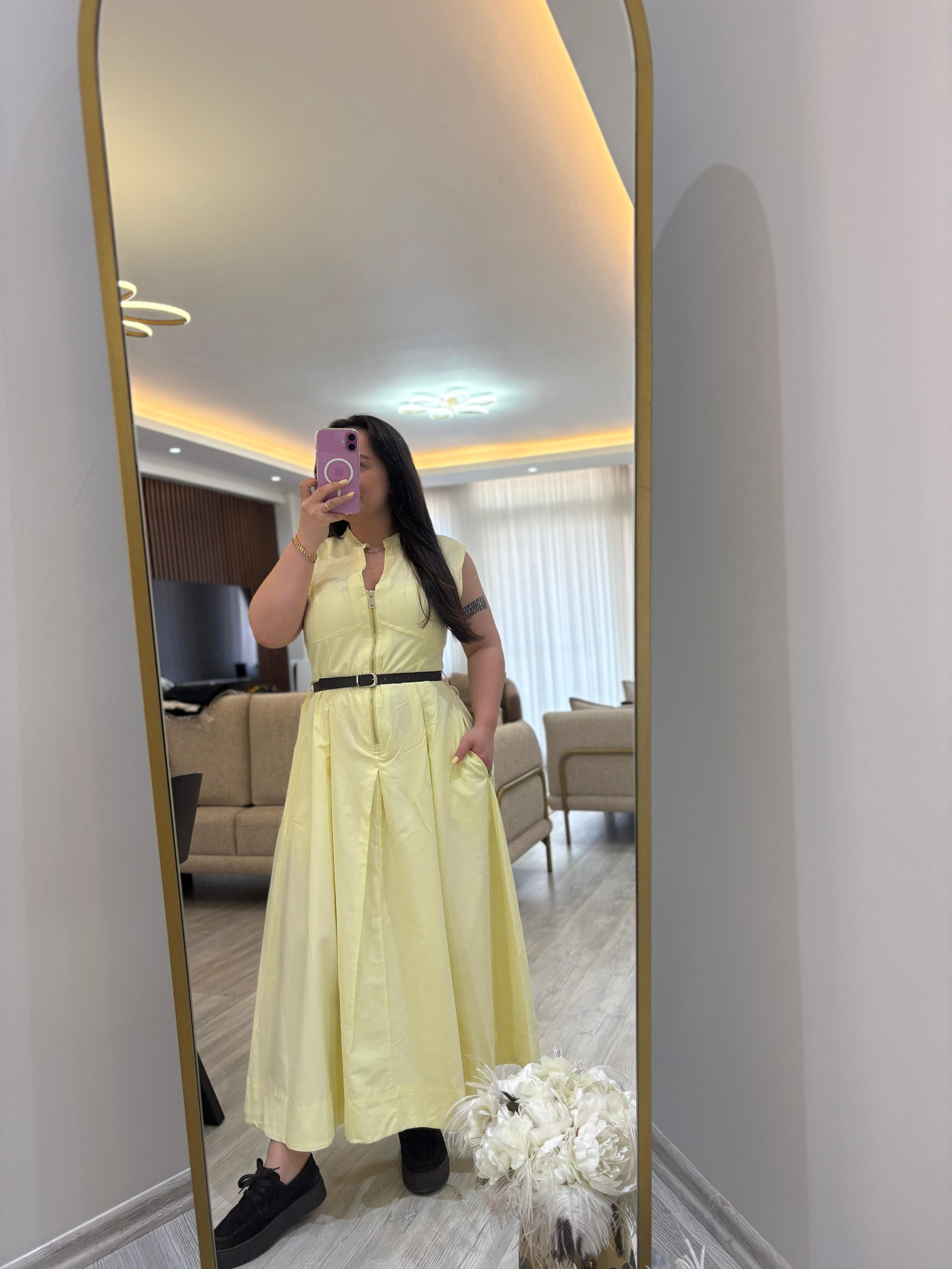 Kuşaklı Fermuarlı Saten Maxi Elbise